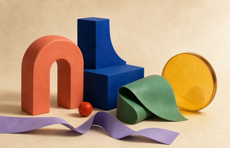 Estudio de color con formas geométricas coral, azul, verde, amarilla y morada sobre fondo neutro cálido